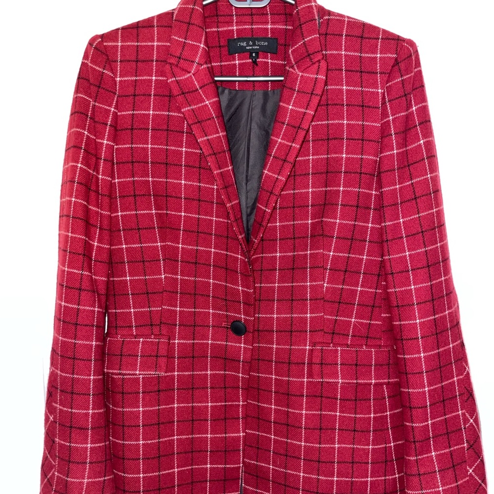 Rag And Bone Red Tartan Plaid Wool Blazer